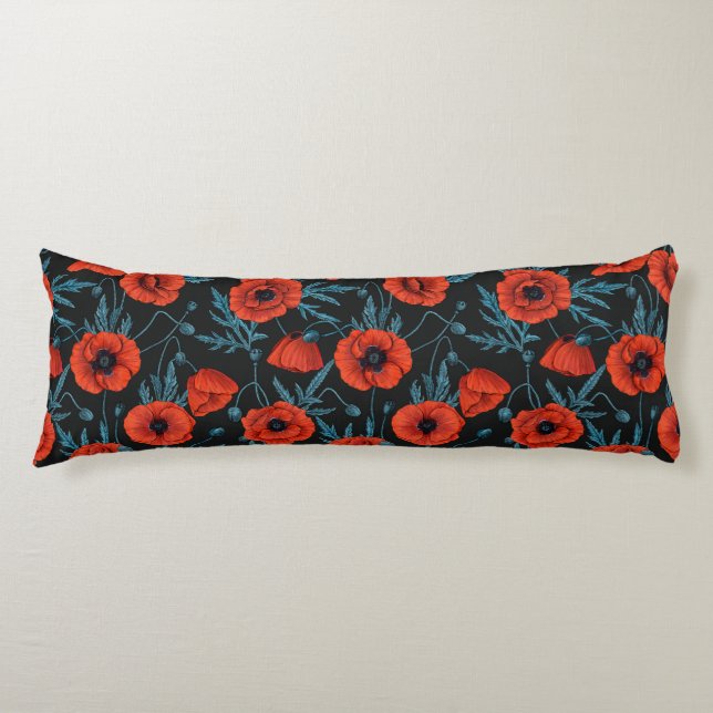 Coussins Longs Poppies, rouge et bleu sur noir (Devant)