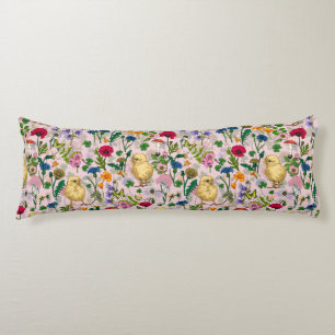 Coussins Longs Poulets et fleurs sauvages sur coton bonbon rose