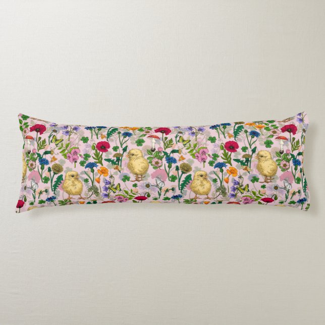 Coussins Longs Poulets et fleurs sauvages sur coton bonbon rose (Devant)