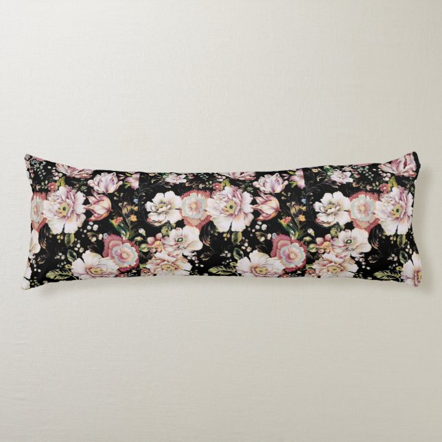 Coussins Longs Preppy bohème pays girly chic noir floral (Devant)