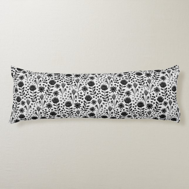 Coussins Longs Protea Floral Block Imprimer Millefleur noir blanc (Devant)