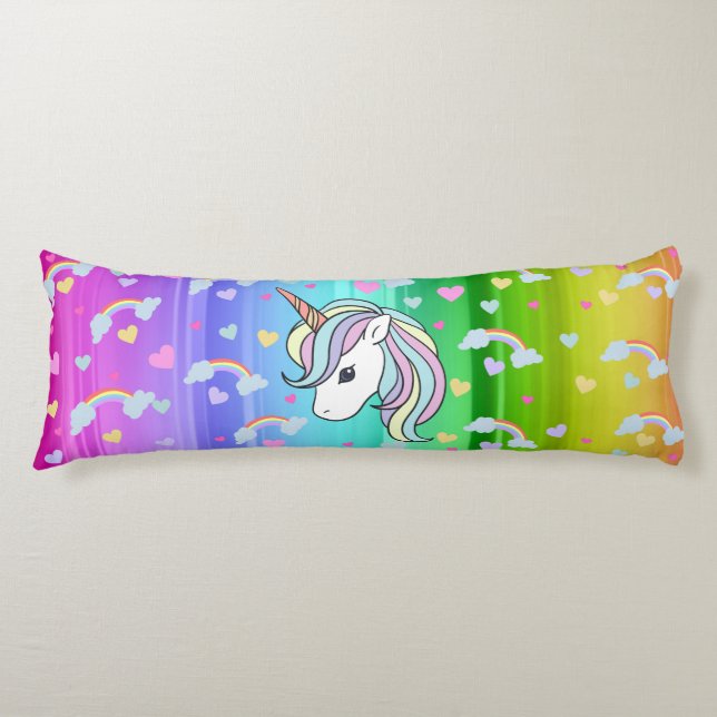 Coussins Longs Rainbow Unicorn Coeurs Imprimer Corps Oreiller (Devant)