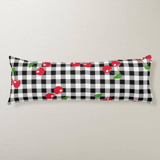 Coussins Longs Retro Cherry En vichy mignonne Rouge et Noir À dam (Devant)