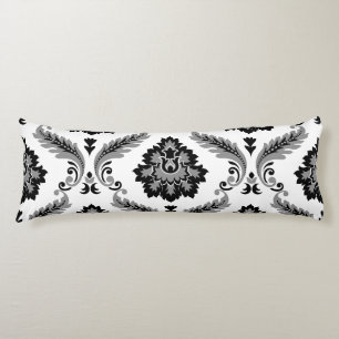 Coussins Longs Rococo Damask grand motif Gris Noir Blanc