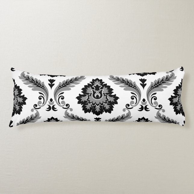 Coussins Longs Rococo Damask grand motif Gris Noir Blanc (Devant)