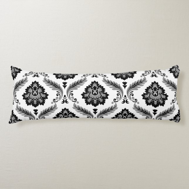 Coussins Longs Rococo Damassé Grand Motif Gris Noir Blanc (Devant)