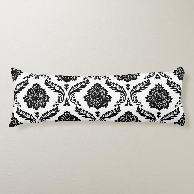 Coussins Longs Rococo Damassé Grand Motif Noir sur Blanc (Devant)
