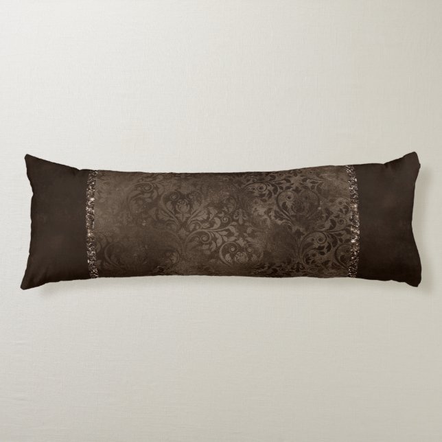 Coussins Longs Romance en bronze de minuit | Satiny Grunge Damask (Devant)