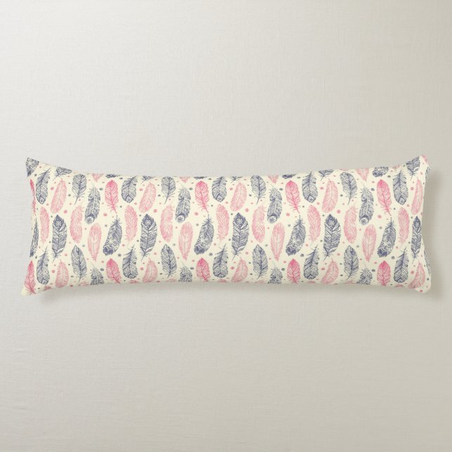 Coussins Longs Rose et motif ethnique pourpre de plume (Devant)