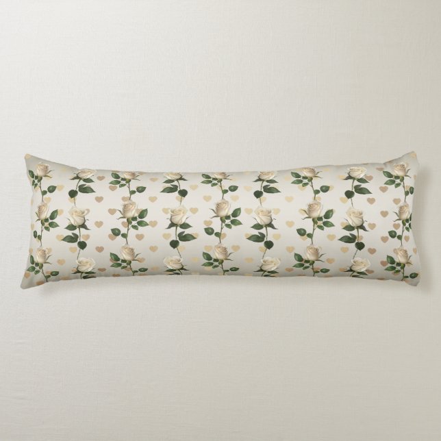Coussins Longs Roses blanches Coeurs d'or Oreiller corps (Devant)