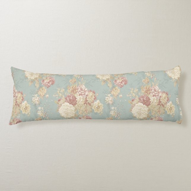 Coussins Longs Roses Blush Blanc Rose sur Fond Bleu   (Devant)