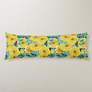 Coussins Longs Roses d'aquarelle jaune avec feuilles et pattes de