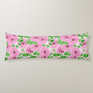 Coussins Longs Roses d'aquarelle rose avec feuilles et pattes de