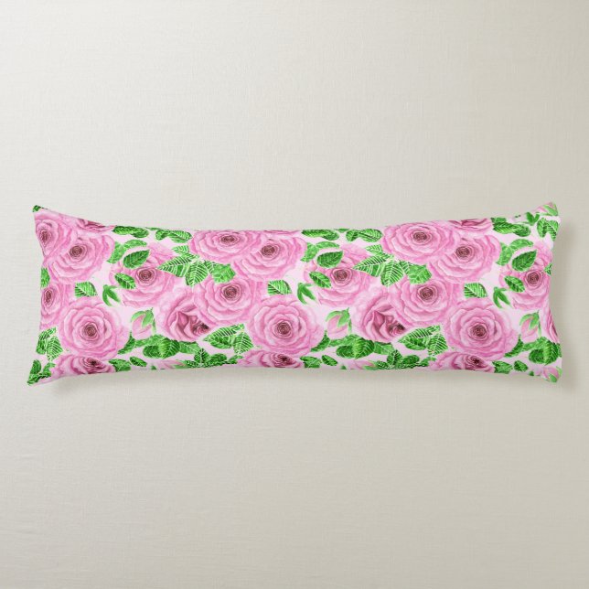 Coussins Longs Roses d'aquarelle rose avec feuilles et pattes de  (Devant)