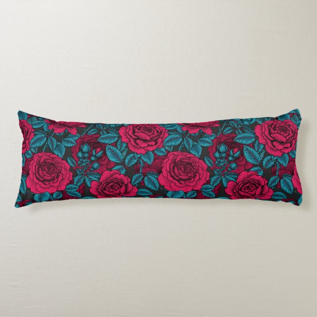 Coussins Longs Roses en rouge et bleu (Devant)