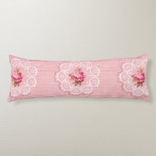 Coussins Longs Roses et dentelle rose Vintage réversible