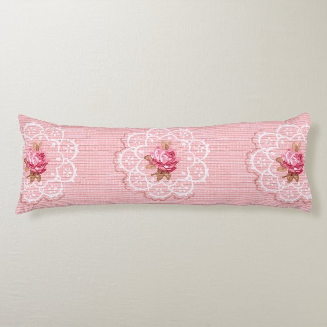 Coussins Longs Roses et dentelle rose Vintage réversible (Devant)