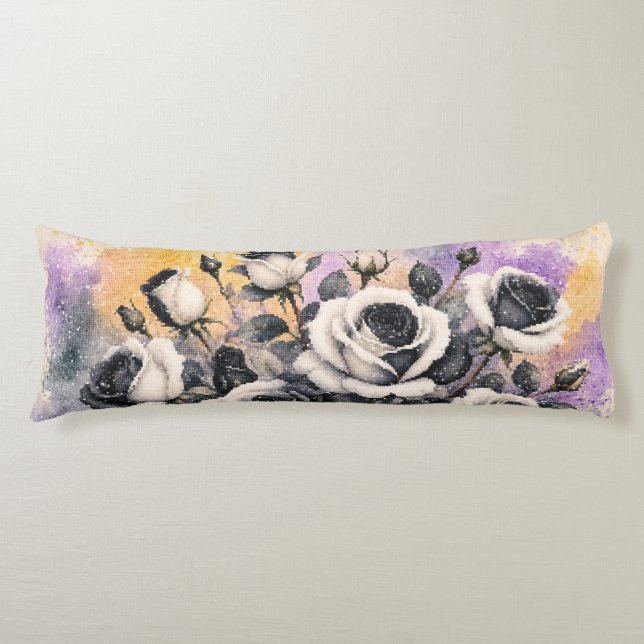 Coussins Longs Roses noires et blanches de style géométrique aqua (Devant)