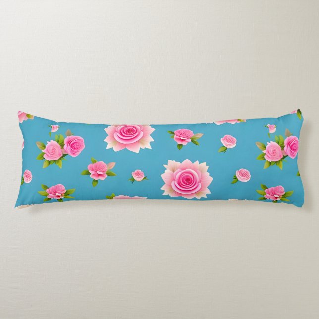 Coussins Longs Roses roses sur un fond bleu (Devant)