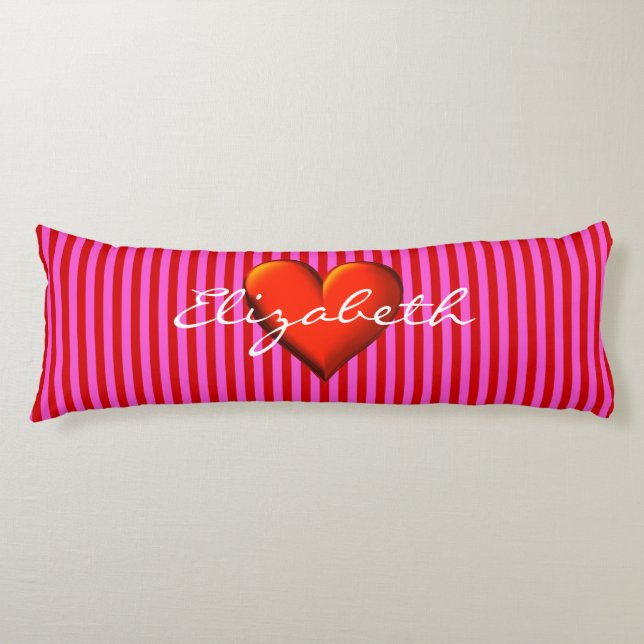 Coussins Longs Rouge Rose Chaud Rayure Rouge Métallisé Monogramme (Devant)