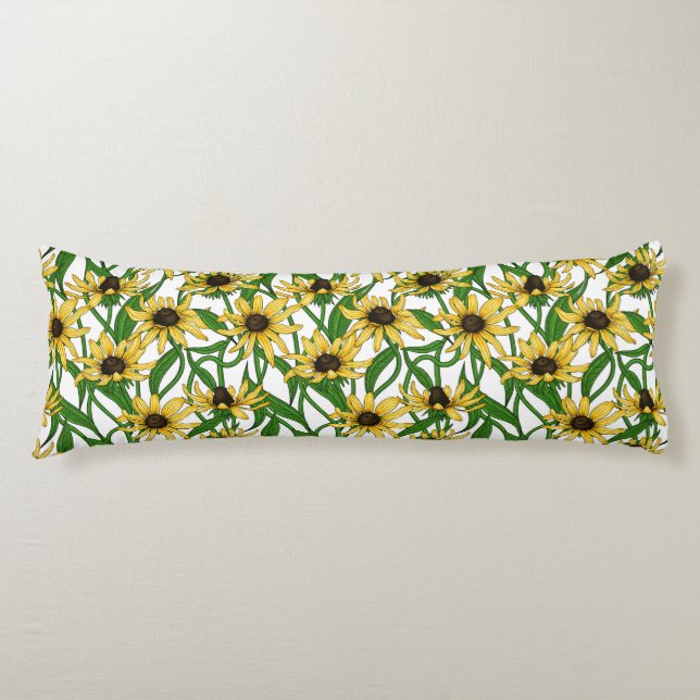 Coussins Longs Rudbekia jaune sur blanc (Devant)