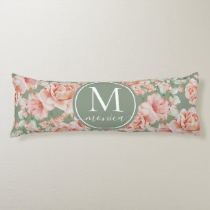 Coussins Longs Sage Vert Floral Aquarelle Rose Motif Monogramme