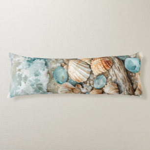 Coussins Longs Scène de coquillages côtiers à l'aquarelle et bois