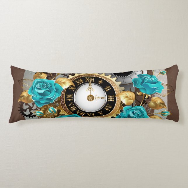 Coussins Longs Steampunk Clock and Turquoise Roses on Striped (Devant)