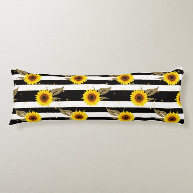 Coussins Longs Sunflowers with Black and White Horizontal Lines (Devant)