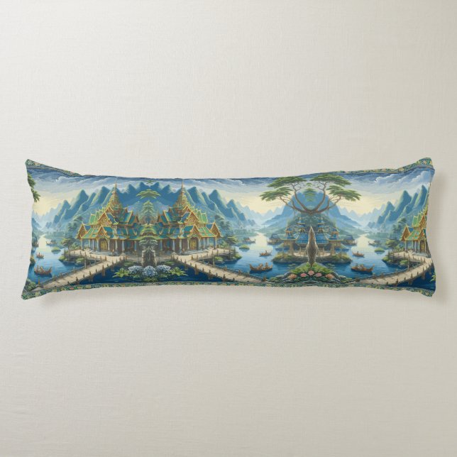 Coussins Longs Thibaut Asiatique Pittoresque bleu et vert Décor (Devant)