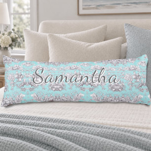 Coussins Longs Toile de Jouy aqua bleu vintage