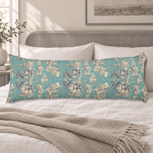 Coussins Longs Toile de Jouy monogramme vert sarcelle vintage