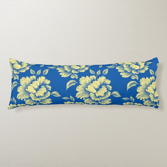 Coussins Longs Toile de pivoine bleu et jaune - Décor champêtre f (Devant)