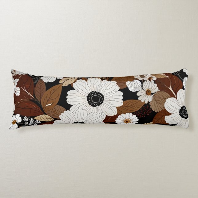 Coussins Longs Tons neutres Élégant floral sur fond noir (Devant)