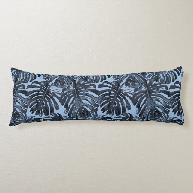 Coussins Longs Tropical Dark Blue Gris Monstera Feuilles de la ju (Devant)