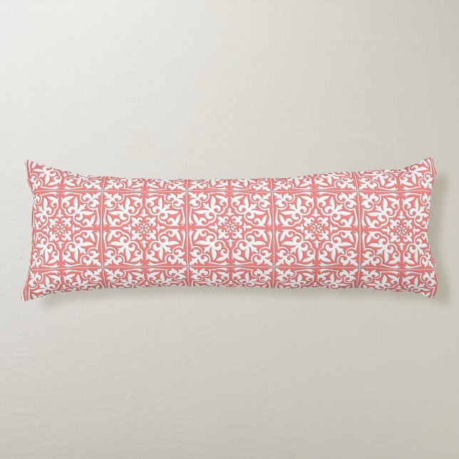 Coussins Longs Tuiles marocaines - corail rose et blanc (Devant)
