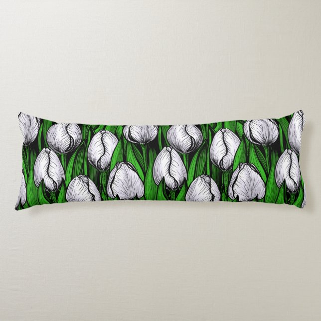 Coussins Longs Tulières blanches avec feuilles verts (Devant)