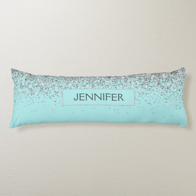Coussins Longs Turquoise Aqua Blue Silver Parties scintillant Gir (Devant)