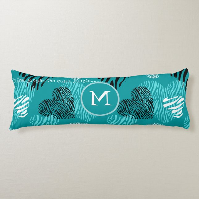 Coussins Longs Turquoise Blanc Zèbre Imprimer Coeurs Monogramme (Devant)