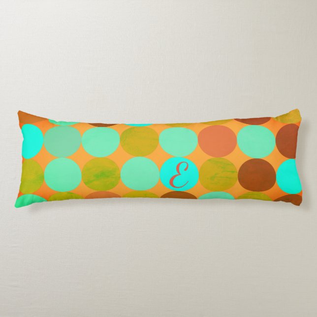 Coussins Longs Turquoise Bleu Vert & Cercles Orange Monogramme (Devant)