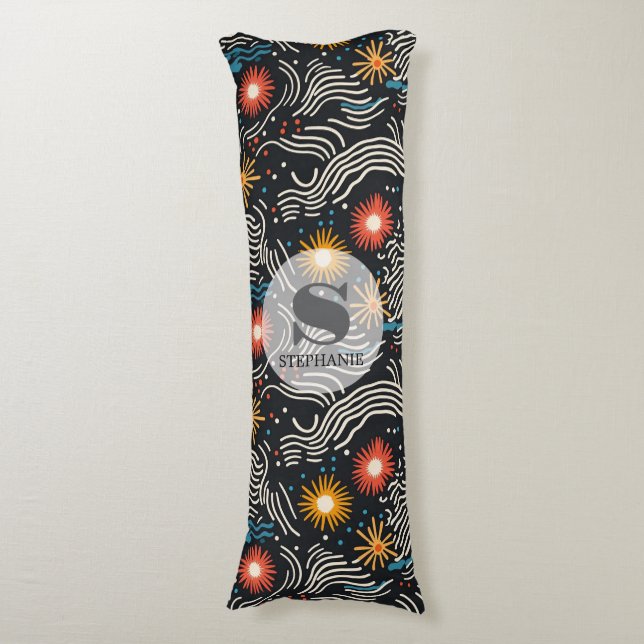 Coussins Longs Vagues florales Abstraites sur noir (Devant (Vertical))
