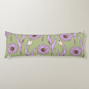 Coussins Longs Vert violet rétro Y2K Funky Hippie Flower Motif