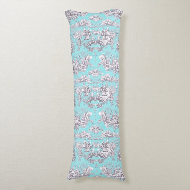 Coussins Longs Vintage aqua bleu toile de jouy (Devant (Vertical))