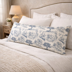 Coussins Longs Vintage français campagne "Toile de Jouy bleue"
