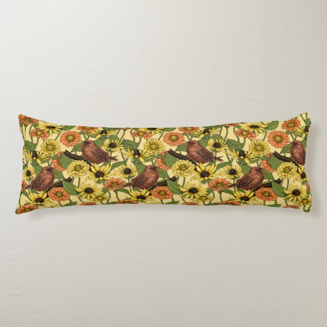 Coussins Longs Wens et fleurs sur jaune pâle (Devant)