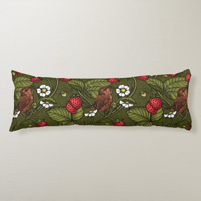 Coussins Longs Wens et fraises sur vert foncé (Devant)