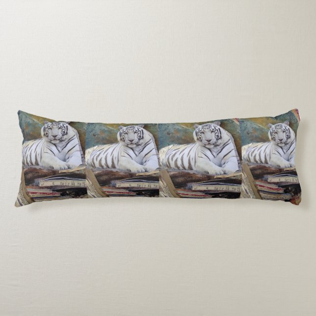 Coussins Longs White Tiger Mixed-Media Collage – Elegant Art Pill (Devant)