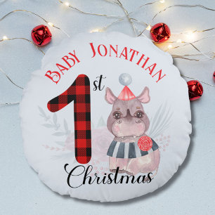 Coussins Ronds 1er Noël de bébé garçon Chapeau de Père Noël Rhino