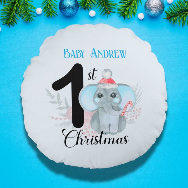 Coussins Ronds 1er Noël de bébé mignon éléphant bleu garde (Créateur téléchargé)