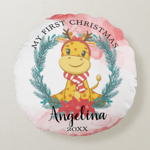 Coussins Ronds 1ère Girafe de Noël de bébé Poinsettia Wreath